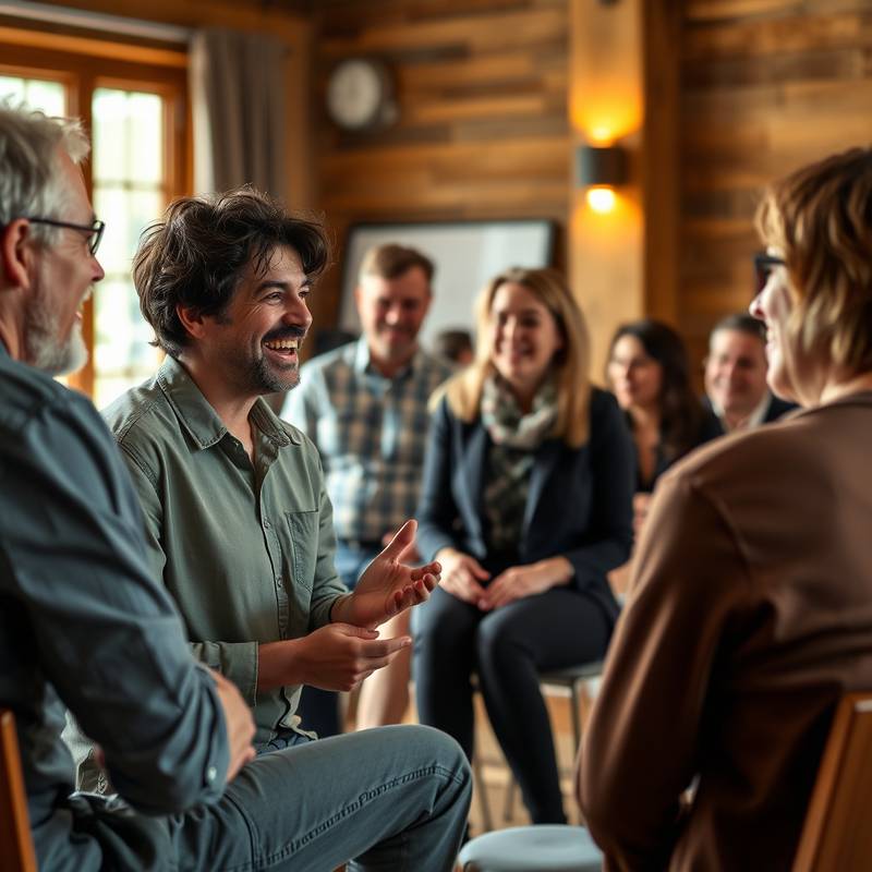 Billede af en improvisations workshop, hvor deltagere griner og interagerer.